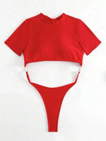 XS - L Mini Micro Thong Short Sleeve One Piece Swimsuit Women Female Swimwear Cut Cut Monokini High Cut Bathing Suit Swim Lady