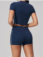 Color Contrast Yoga Suit Women Short Sleeve O Neck Sports T Shirts Tracksuit Outwear High Waist Shorts Gym Running Fitness Suits