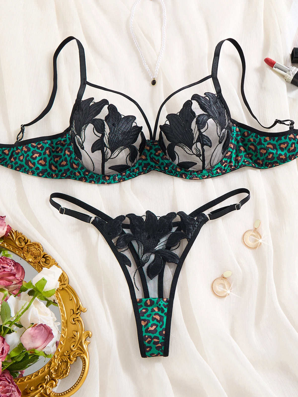 3/4 cup gathered netted lace lingerie set - green leopard print black floral embroidered bra and panties set ZA825183