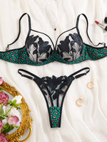 3/4 cup gathered netted lace lingerie set - green leopard print black floral embroidered bra and panties set ZA825183