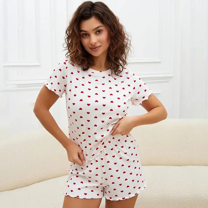 Women Leopard Print Pleated Pajama Set Ruffle Short Sleeve Crop Top Elastic High Waist Shorts Soft Casual Loungewear Sleepwear