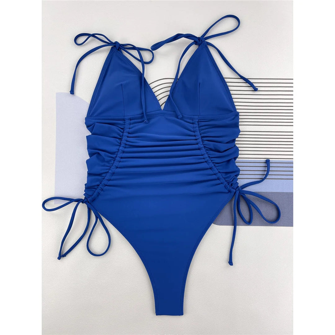 Wrinkled V Neck Lace Up Strappy Women Swimwear One Piece Swimsuit Female High Leg Cut Monokini Bather Bathing Suit Swim V4736