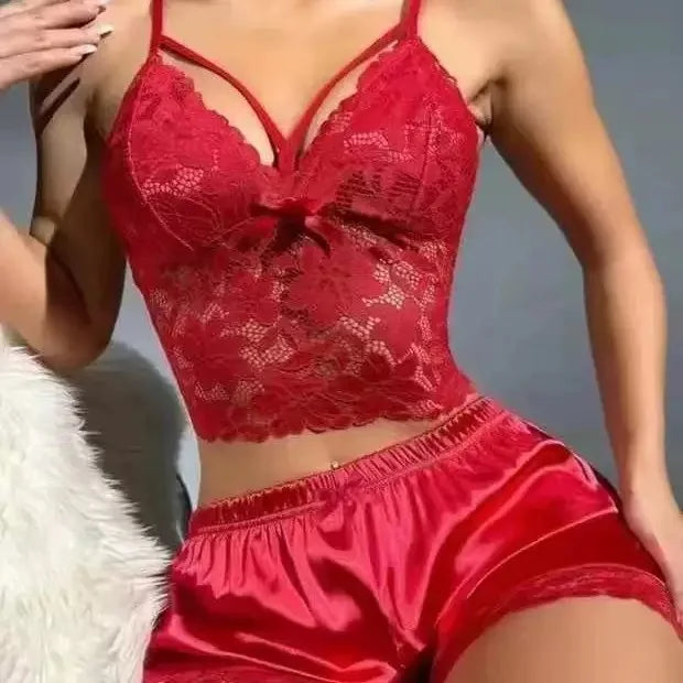 European and American new suspender lace vest top satin shorts sex underwear pajamas loungewear two-piece set women