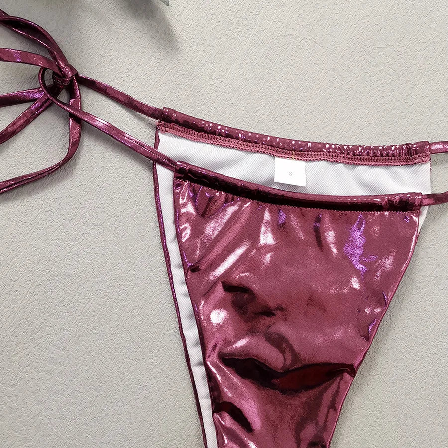 Shiny Pink Micro Thong 3 Piece Bikini Set Damen Women 2026 Sexy Swimsuit with Skirt Cover Up Bandeau Swimwear Beachwear Bikinis