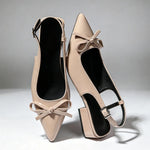 Big Size 42 Vintage y2k Slingback Sandals Women Summer Elegant Nude Bow Knot Pointed Toe 3cm Square Heels Office Lady Shoes