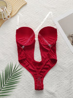 Red Lace Underwire Bodysuit Deep V Plunge Teddy Lingerie Removable Clear Strap Snap Crotch One Piece Shapewear A8188