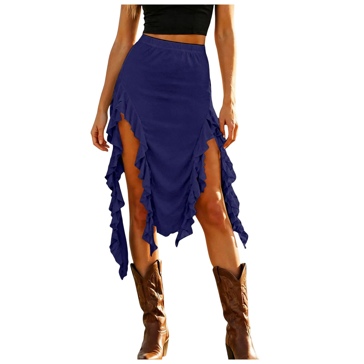 Women Western Boho Midi Skirt High Waist Ruffled Asymmetrical Hem Slit Flowy Summer Skirts Casual Cowgirl Style Streetwear Y2k