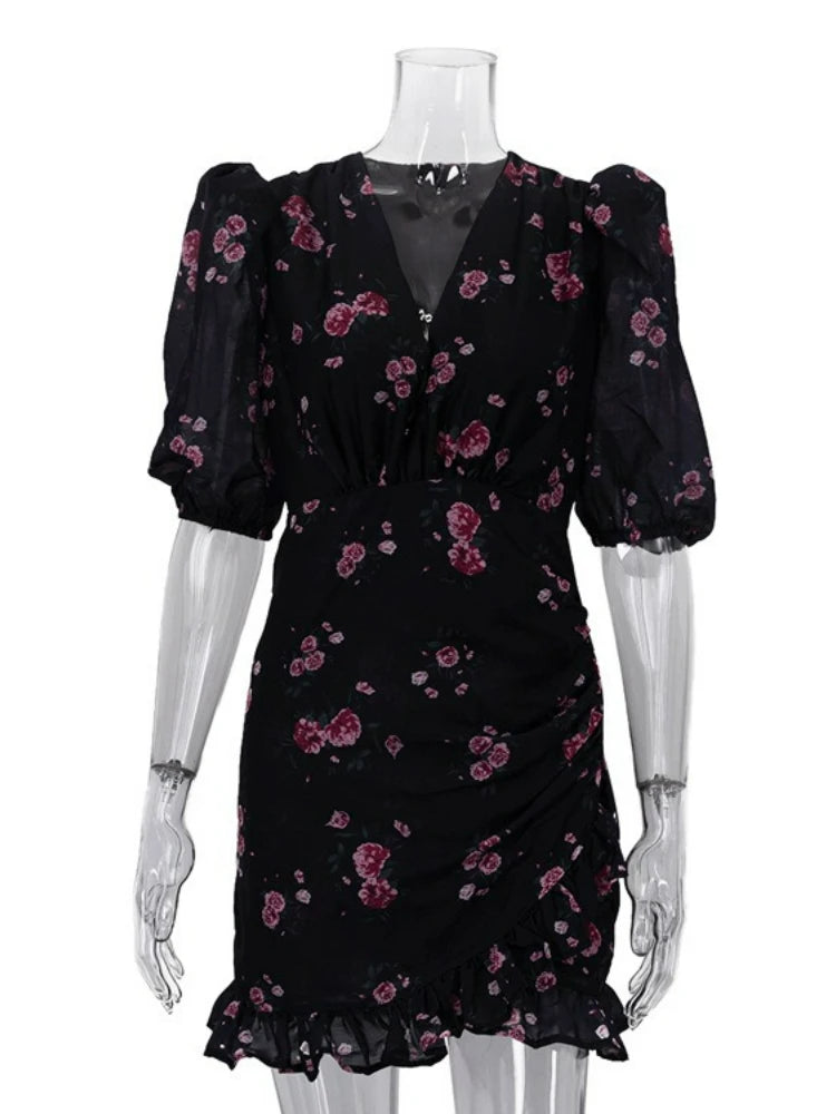 FDYOUI Elegant V-neck Floral Printed Short Dress High Street Women's Puff Sleeve High Waist Tunics Ruched Vacation Party Dresses