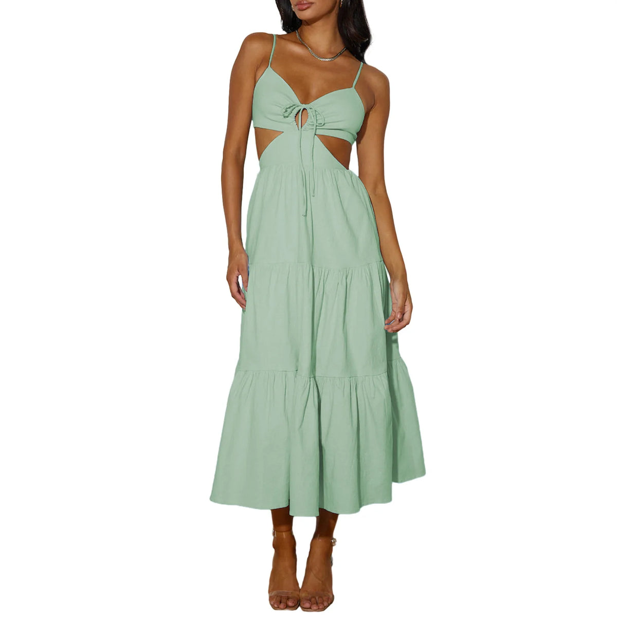 Spaghetti Strap Vacation Long Dress For Women Summer 2025 Fashion Elegant Sleeveless Backless Hollow Out Vestidos Party Dresses