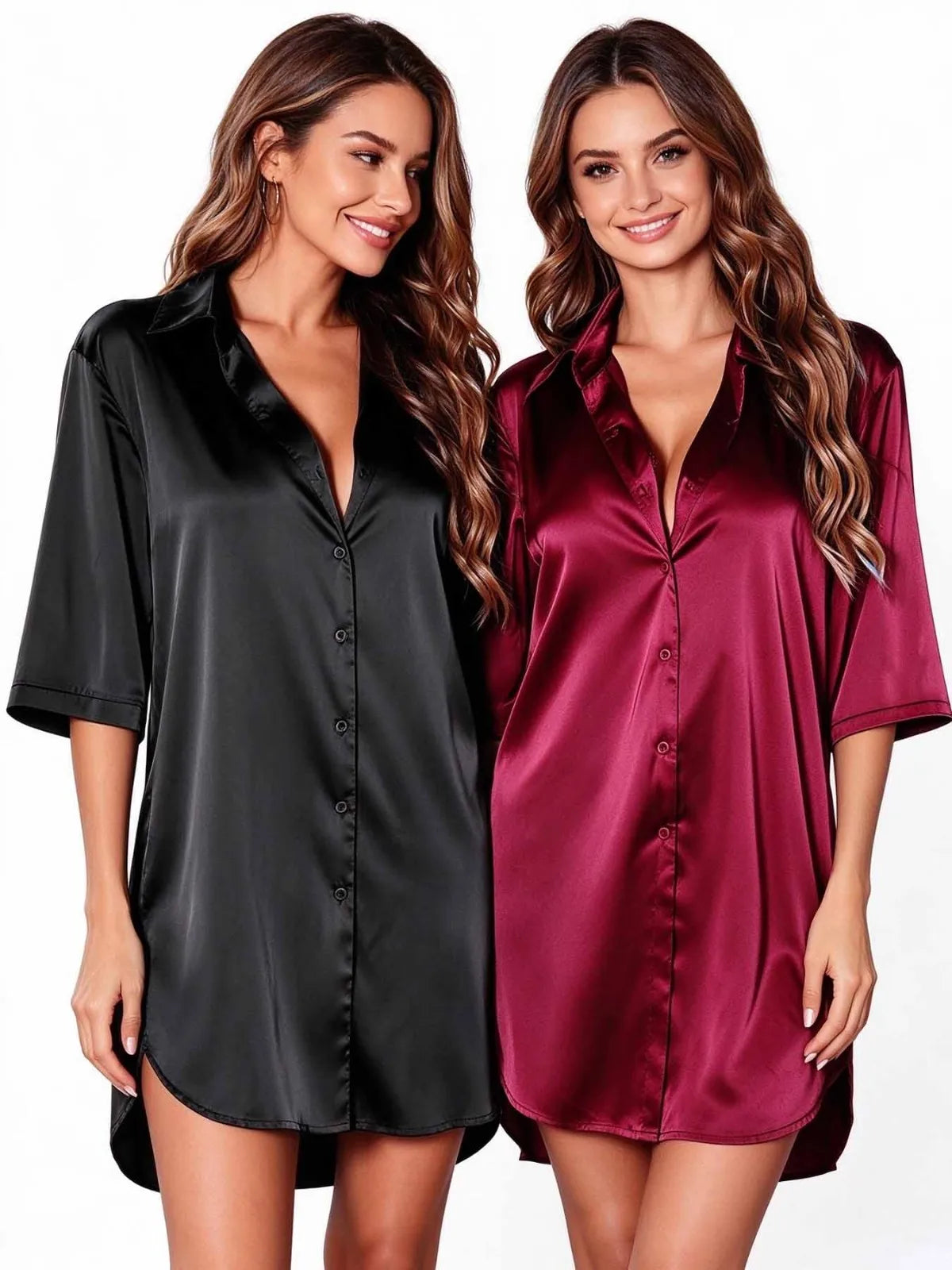 Women Sleepwear 2 Sets Nightshirt Simple Satin Shirt Dress Collared 3/4 Sleeve Button Down Loose Sexy Ladies Night Loungewear
