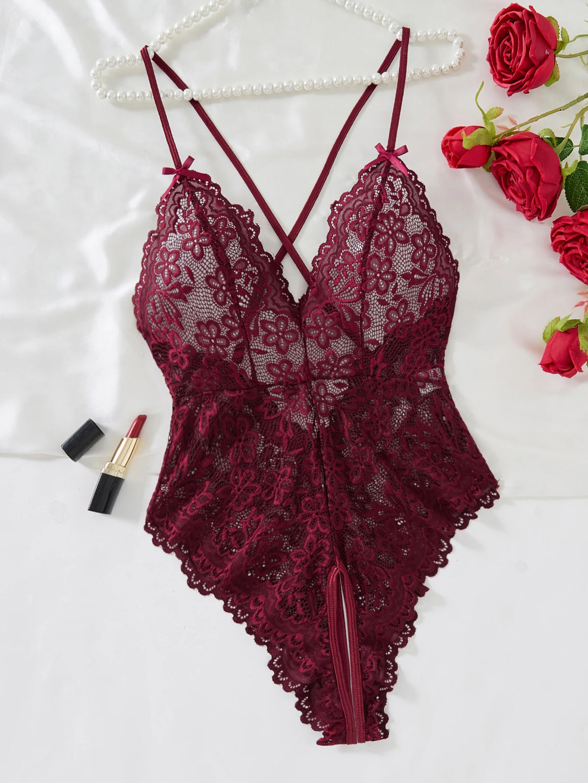 Date-specific Deep V cut WineRed lace one-piece dress. Lightweight sheer cross-strapped women's sexy lingerie set.