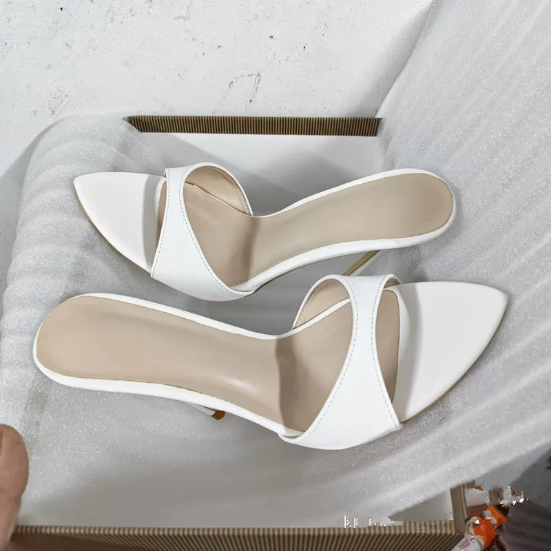 Women's White Faux Leather Pointed Toe Stiletto Mules - Slip-On High Heel Sandals for Summer, Party & Daily Wear