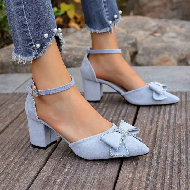Women's Bowknot Ankle Strap Block Heel Pointed Toe Pumps for Wedding Party