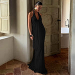 FDYOUI 2026 Summer Backless Ruched White Long Maxi Dress for Woman Elegant Sexy Halter Sleeveless Loose Evening Party Dresses