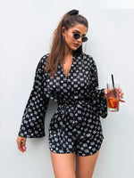Marthaqiqi Fashion Ladies Nightgowns Suit Turn-Down Collar Robe Lace Up Pajama Long Sleeve Sleepwear Shorts Printing Nightie Set