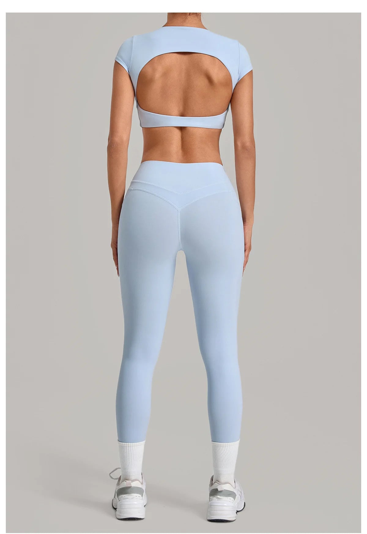 Yoga Set Women's Tracksuit Short Sleeve Back Hollow Out Sports Top Athletic Wear Tight High Waist Pocket Leggings Fitness Suits