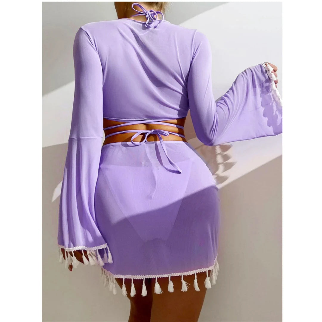 S - XL With Tassel Skirt Long Sleeve Bikini Women Swimwear Female Swimsuit Four-pieces Bikini set Bather Bathing Suit Swim V7060