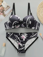 1 set High Quality Women's black bra Floral Print Bra and Panty Set Full Cup Support Elegant Summer StyleA2135