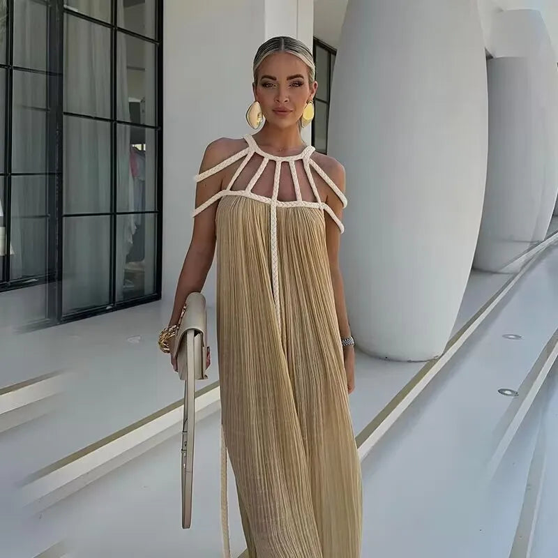 Summer Sleeveless Party Dress, Women Loungewear O-Neck Hollow Out Party Dress, Solid Color Patchwork Beach Style Ladies Dress