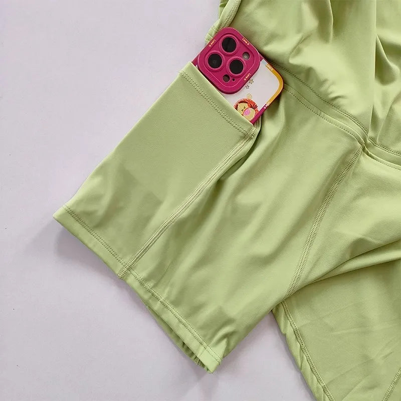 Women's sports yoga short skirt, badminton tennis skirt pants with inner pockets and side slit straps