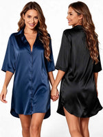Women Sleepwear 2 Sets Nightshirt Simple Satin Shirt Dress Collared 3/4 Sleeve Button Down Loose Sexy Ladies Night Loungewear