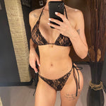 Mesh Sarong Lace Halter High Cut Bikini Female Swimsuit Women Swimwear Three-Pieces Bikini Set Bather Bathing Suit Swim V6284