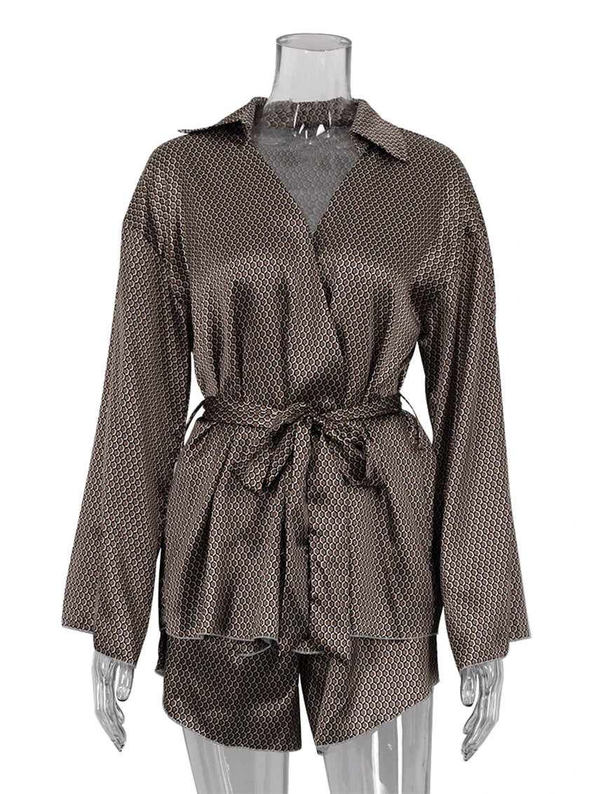 Marthaqiqi Fashion Ladies Nightgowns Suit Turn-Down Collar Robe Lace Up Pajama Long Sleeve Sleepwear Shorts Printing Nightie Set
