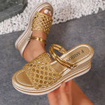 Hollow Out Gold Wedge Heels Sandals Women Plus Size 43 Chunky Platform Slippers Woman Summer Slip On Weave Thick Sole Sandles