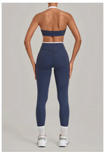 2 Pieces Color-block Yoga Sets WomenHanging Neck Sports Bra High Waist Pants Built-in Pockets Outdoor Fitness Workout Suit