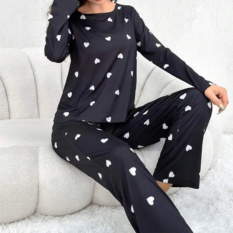 Women's Pajamas Casual Love Print Round Neck Long Sleeve Long Pants Fall and Winter Comfortable Set Girl Sleepwear Homewear