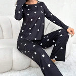 Women's Pajamas Casual Love Print Round Neck Long Sleeve Long Pants Fall and Winter Comfortable Set Girl Sleepwear Homewear