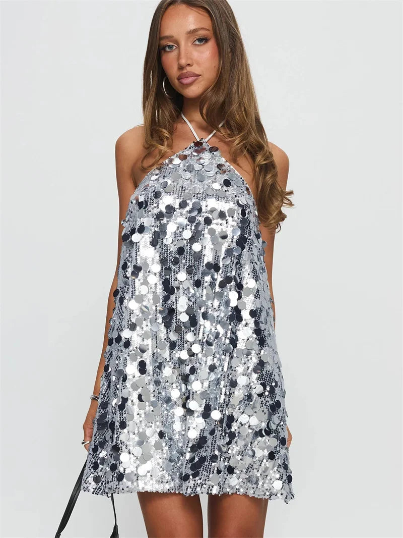 Women Halter Dress Sparkly Sequin Mini Dresses Clubwear Party Date Outfits Sexy Bodycon Dress Sexy Sleeveless Backless Dress
