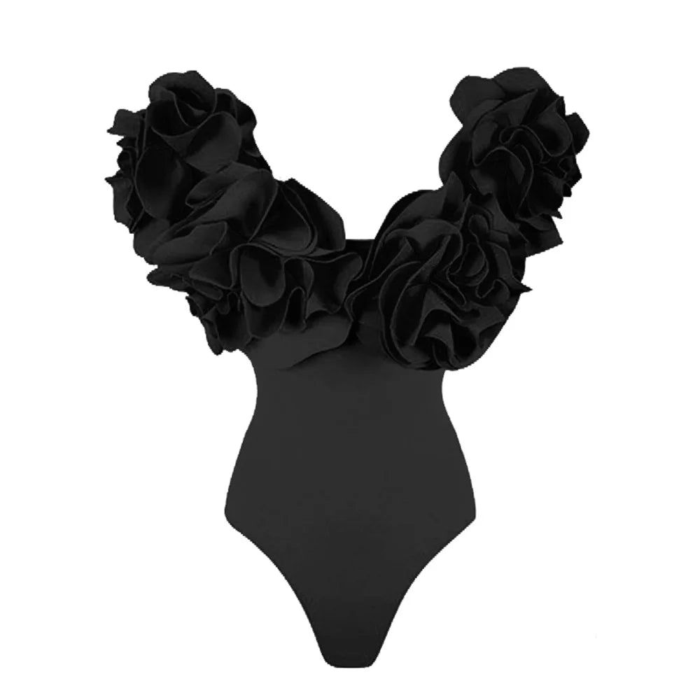 2025 Solid Red Flower One Piece Swimsuit Luxury Women Swimwear Sexy Swim Suit Deep V Monokini Off Shoulder Bodysuit Bathingsuit