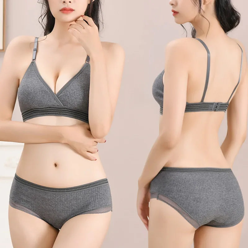 Women Padded Bra And Panties Set Low Waist Briefs Wire Free Bra Female Solid Color Underwear Sexy Lingerie Set One Size