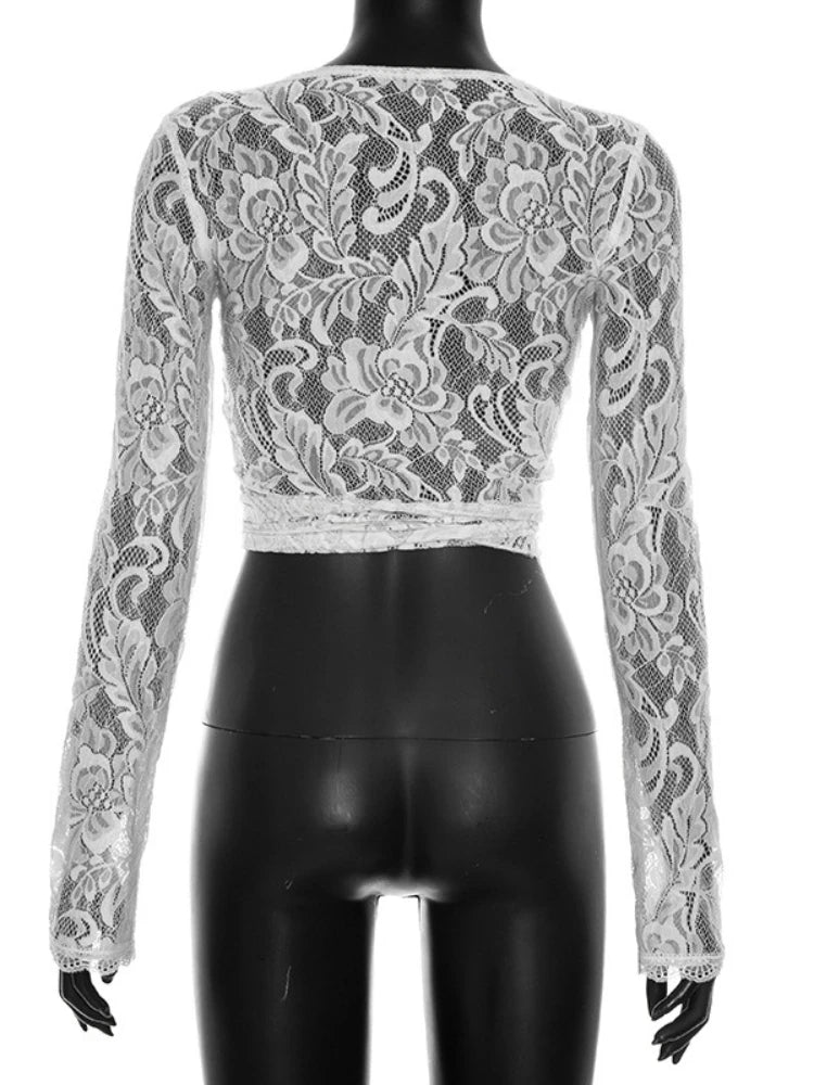 FDYOUI Women's V-neck Long Sleeve Lace T-shirt 2026 Ladies Chic Bandage Lace Tee Shirts Pink Streetwear Girls Slim Crop Tops