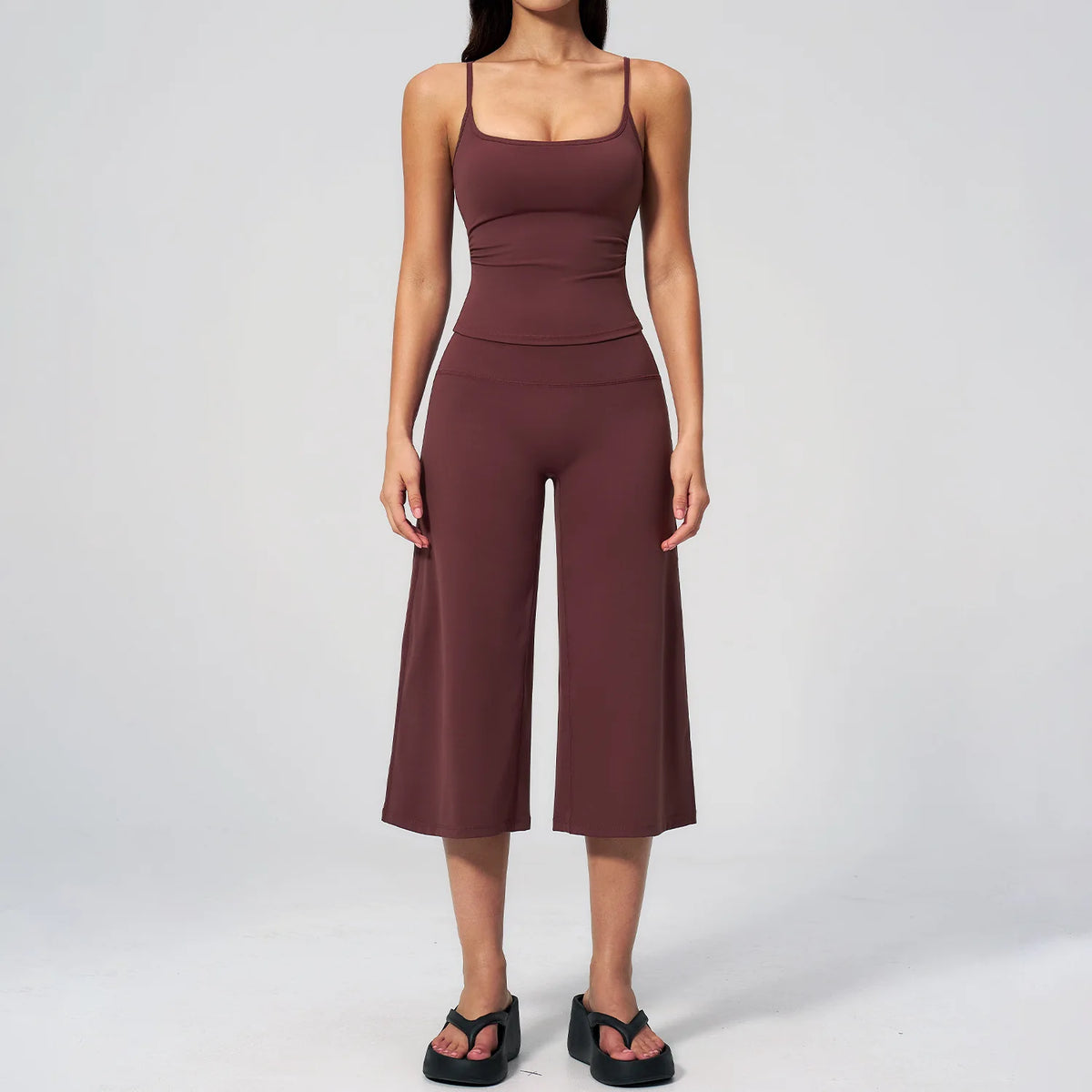 Gym Workout Yoga Sets Women Square Neck Slimming Sports Tank Top Fitness Gym Suit Outdoor High Waist Flare Pants Two-piece Set