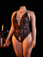 Plus Size Sexy Crotchless Lingerie Women Lace Hollow Bodysuit Erotic Pajamas Teddy Babydoll Dress Deep V Open Bra Underwear Set