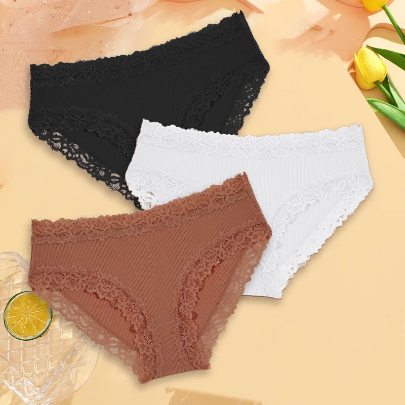 3Pcs Sexy Cotton Lace Panty Women Low Waist Panties Underwear S-XL Solid Color Ladies Briefs Lingere Underware Comfortable Women