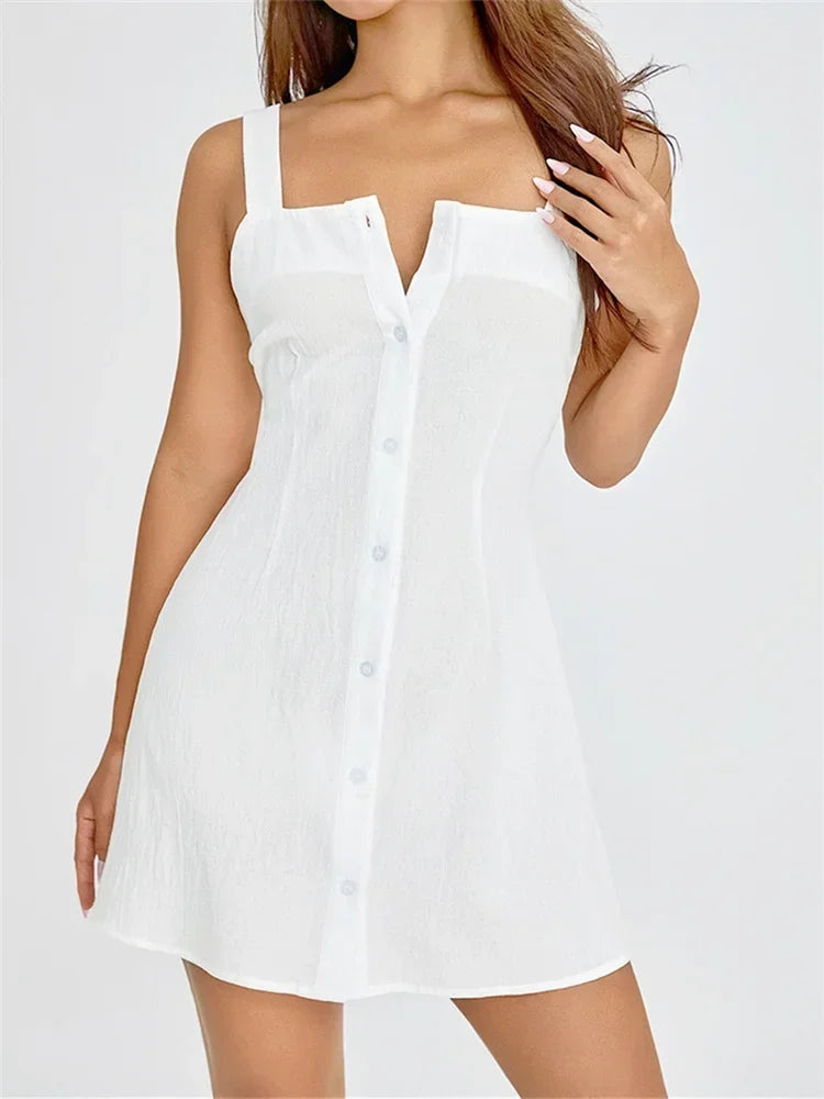Women Short Dress Sleeveless Square Neck Buttoned Mini Dresses Summer Beach Casual Sundress