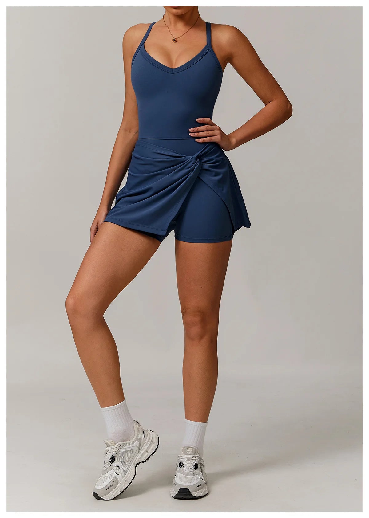 Summer Tennis Dress Women Sleeveless V Neck Slim Skirt Pleate Twisted Design Crossed Hollow Out Sports Yoga Golf Skirt Badminton