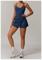 Summer Tennis Dress Women Sleeveless V Neck Slim Skirt Pleate Twisted Design Crossed Hollow Out Sports Yoga Golf Skirt Badminton