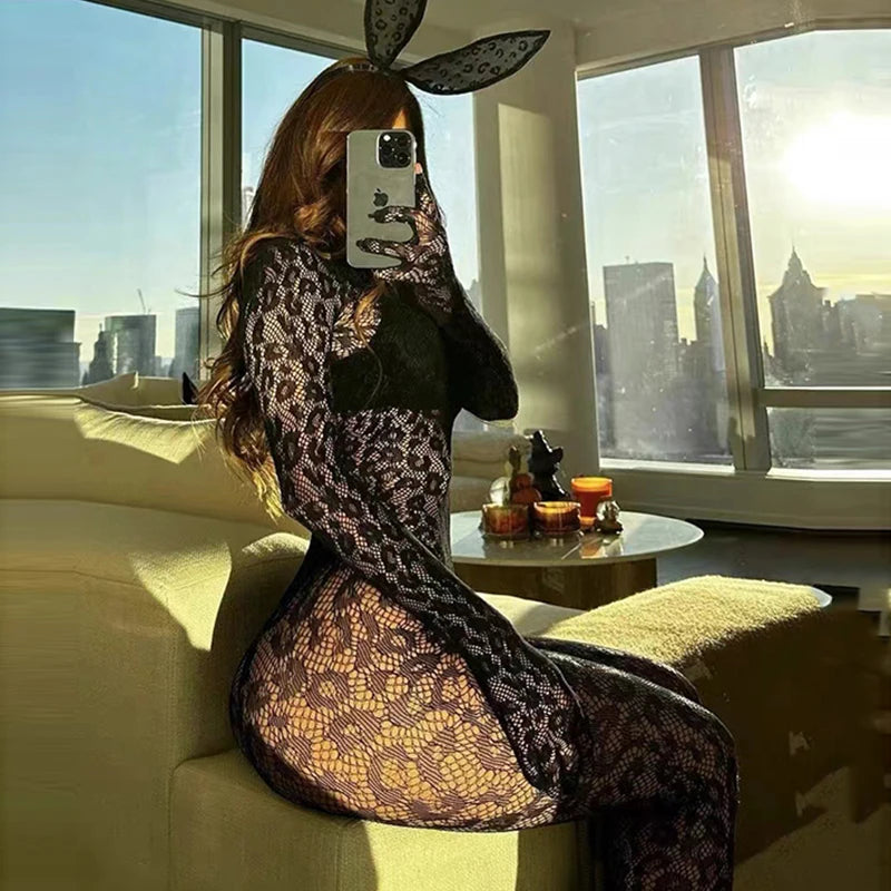 Women's Sexy Backless Jumpsuits Top See Through Full Sleeve BodysuitFashion Rompers Activewear Party Nightclub Costume