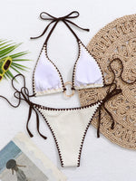 Sexy Beige Contrast Micro Bikini Women Metal Circle Push Up Bra Bandage Thong Swimsuit 2026 Summer Holiday Bathing Suit Swimwear