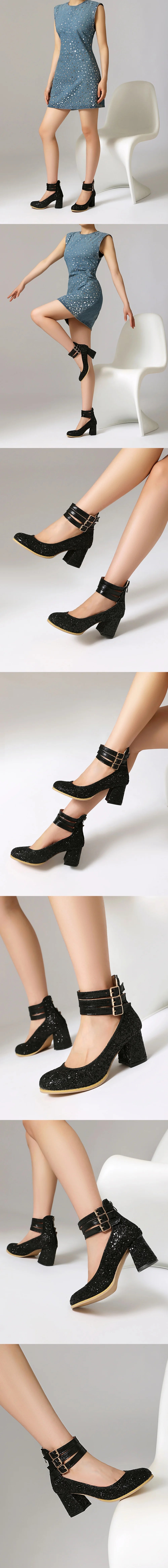 Big Size 48 Bling Sequined Silver Wedding Pumps Elegant Block High Heels Shoes Women Black Gold Glitter Ankle Strap Party Pumps