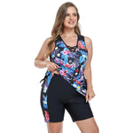 Women Leaves Print Tankini Swimwear Beach Sleeveless Tank Top High Waist Drawstring Side Panties Two Piece Swimsuit Large Size
