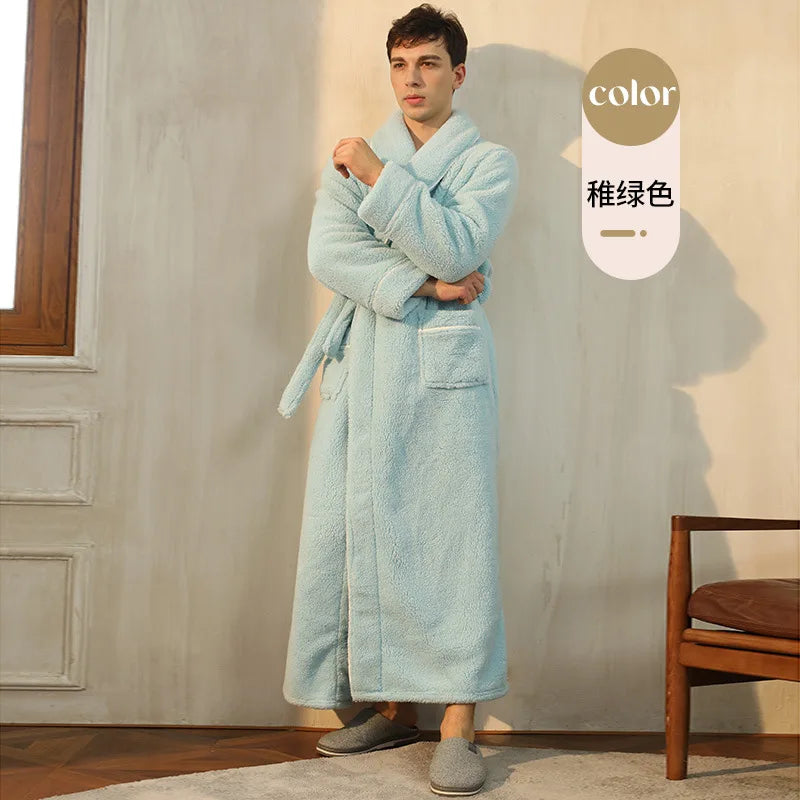 Thick Cozy Fleece Couple Bathrobe, Men Women Long Warm Loungewear, Autumn Winter Flannel Plus Size Robe Pajamas