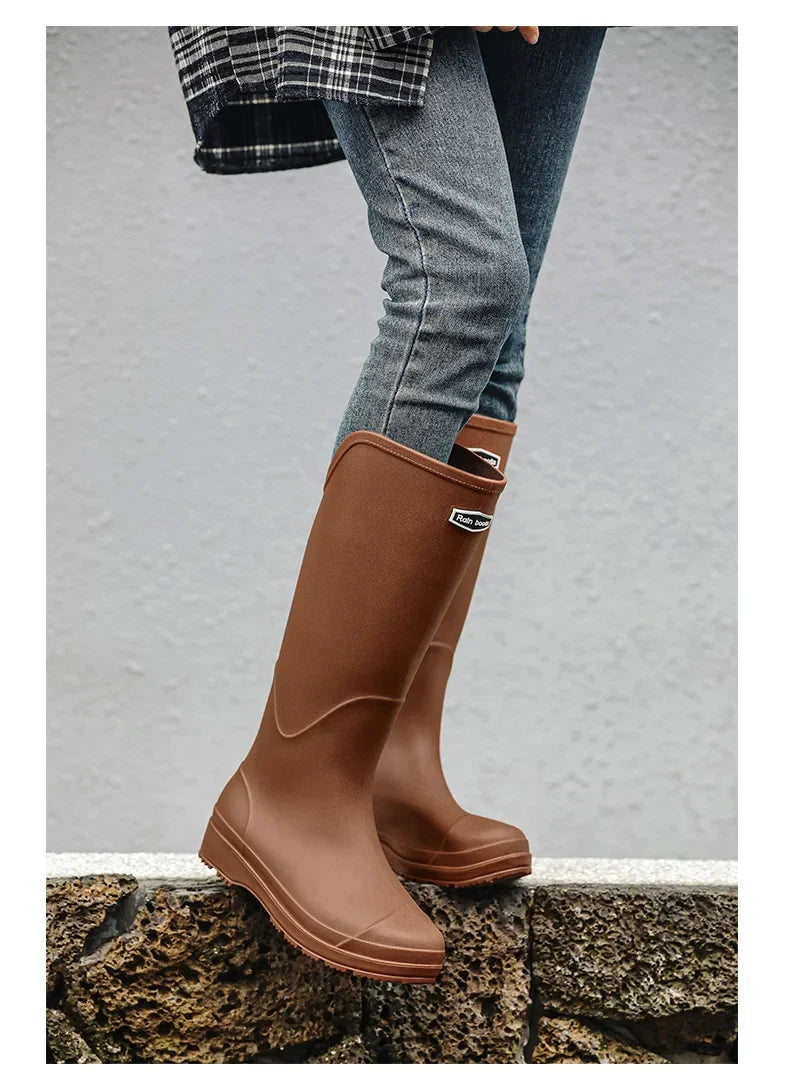 Women's Rain Boots Anti Slip Thick Soles Outdoor Long Tube Rain Boots Waterproof Fashion Wear-resistant Kitchen Women's Boots