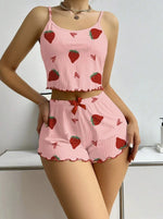 Women's Strawberry Print Ribbed Knit Ice Silk Camisole Pajama Set Comfortable Two-Piece Sleepwear for Summer