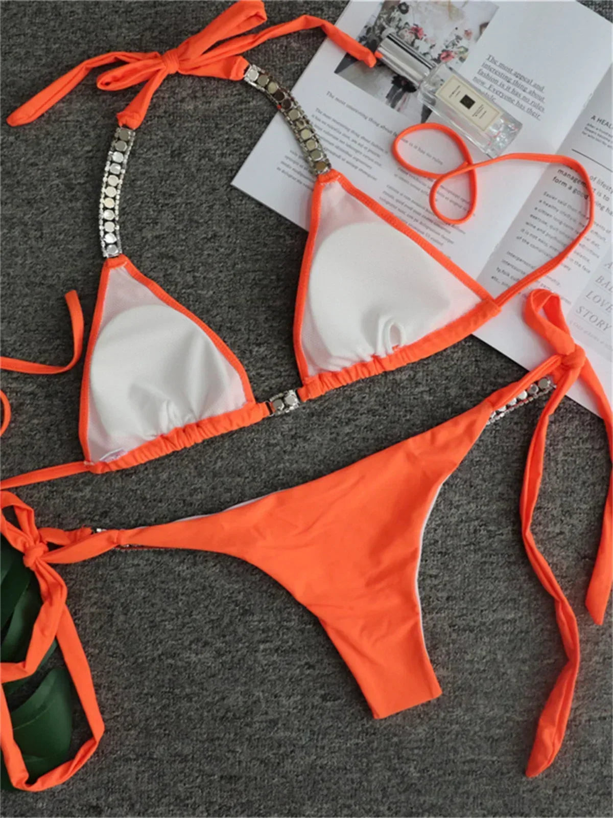 Luxury Rhinestone Bikini Women 2025 Sexy Orange Yellow Crystal Diamond Push Up Thong Swimsuit Beach Bathing Suit Tanga Swimwear