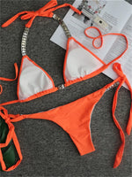 Luxury Rhinestone Bikini Women 2025 Sexy Orange Yellow Crystal Diamond Push Up Thong Swimsuit Beach Bathing Suit Tanga Swimwear